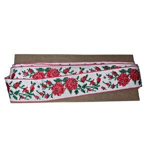Vintage Embroidered Needle Point Floral Red Roses Novelty Ribbon Trim 1.5 Yards